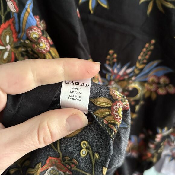 LOFT Womens Floral Puff Sleeve Blouse Large Button Back Cottagecore Black Blue - Picture 7 of 13